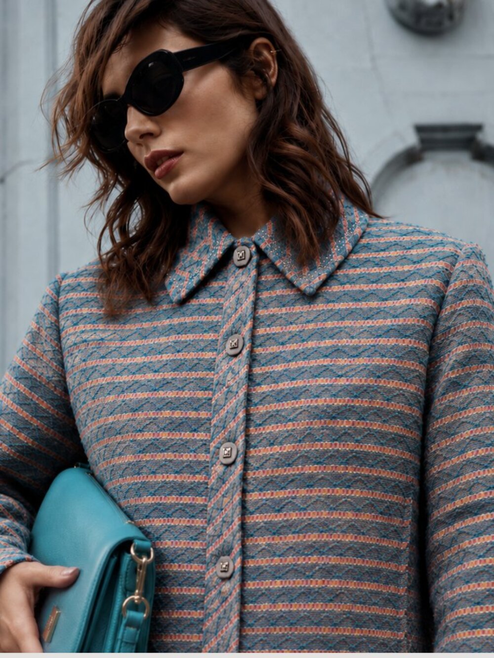 Blue Turquoise Striped Lurex Textured Statement Jacket with Decorative Buttons